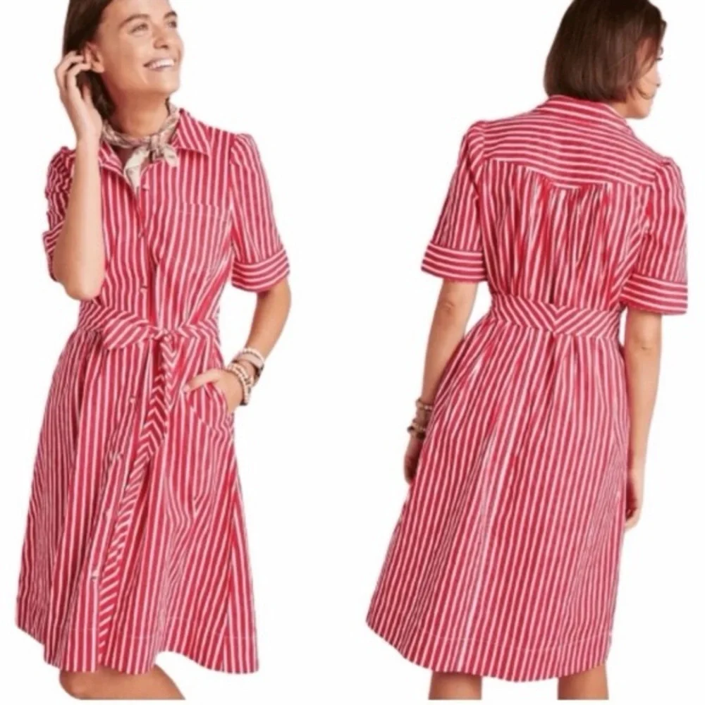 Anthropologie Maeve Retro Red and White Stripe Cotton Belted Shirt Dress (Small)